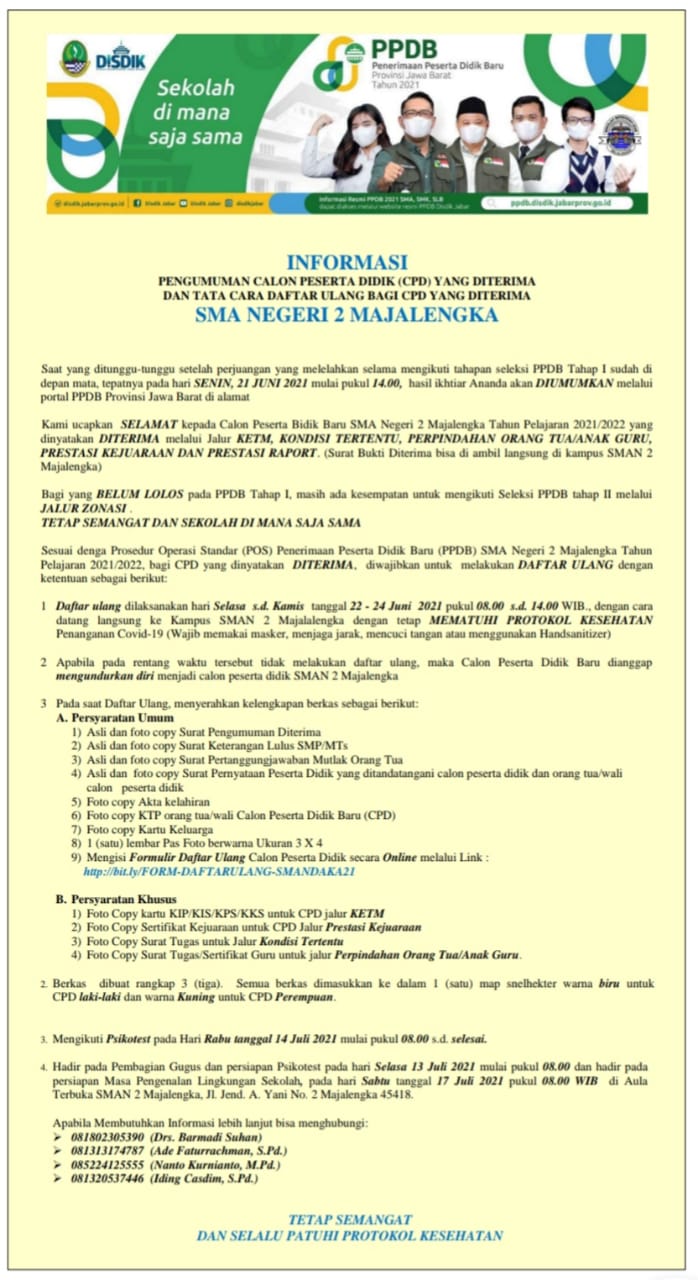 Pengumuman Calon Peserta Didik (CPD) yang DITERIMA Tahap 1 dan Tata cara Daftar Ulang Bagi CPD yang diterima SMA Negeri 2 Majalengka Pengumuman Calon Peserta Didik (CPD) yang DITERIMA Tahap 1 dan Tata cara Daftar Ulang Bagi CPD yang diterima SMA Negeri 2 Majalengka